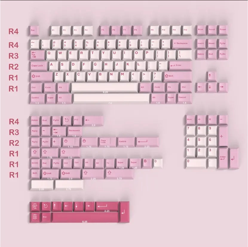 A top-down view of a complete set of pink and white keycaps arranged in the layout of a mechanical keyboard. The keycaps feature a delicate rough surface and are compatible with various keyboard layouts.