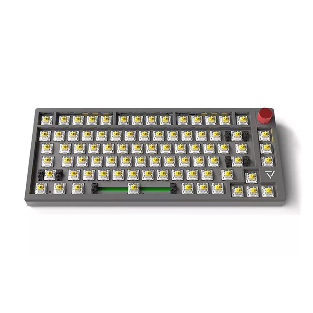 A top-down view of the Ajazz AK816 Pro mechanical keyboard with yellow keycaps and a red volume knob. The keyboard features a compact 75% layout and a sleek design.