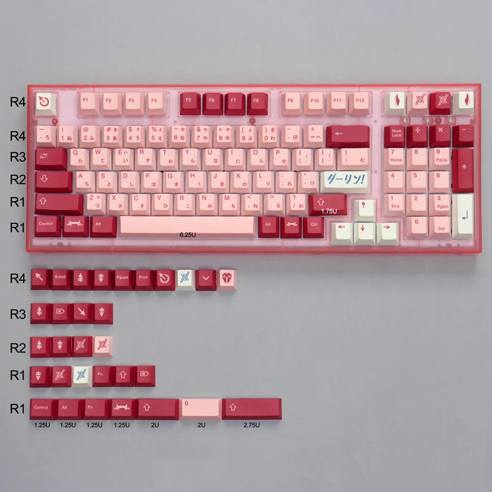 A top-down view of the Darling Keycap Set, showcasing the complete set of pink and red keycaps with celestial-inspired designs. The image also includes a layout diagram for reference.