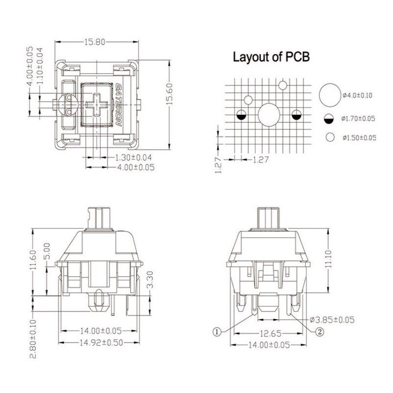 A technical drawing of a Gateron Pro switch, showing its dimensions and specifications. The image includes measurements for various parts of the switch, such as the stem, housing, and spring.