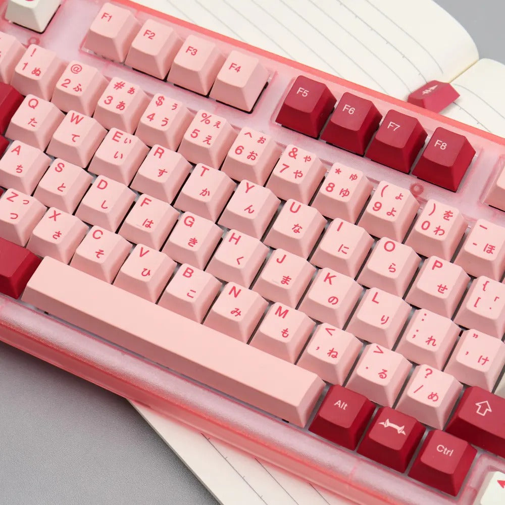 A close-up image of the Darling Keycap Set, showcasing the pink and red keycaps with celestial-inspired designs. The image also includes a partial view of the mechanical keyboard itself, featuring Japanese keycaps.