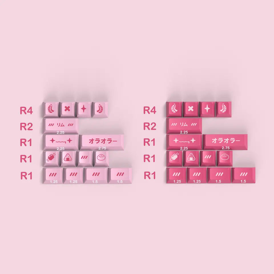 A side-by-side comparison of two different layouts of pink and white keycaps. The keycaps feature a delicate rough surface and are compatible with various keyboard layouts.