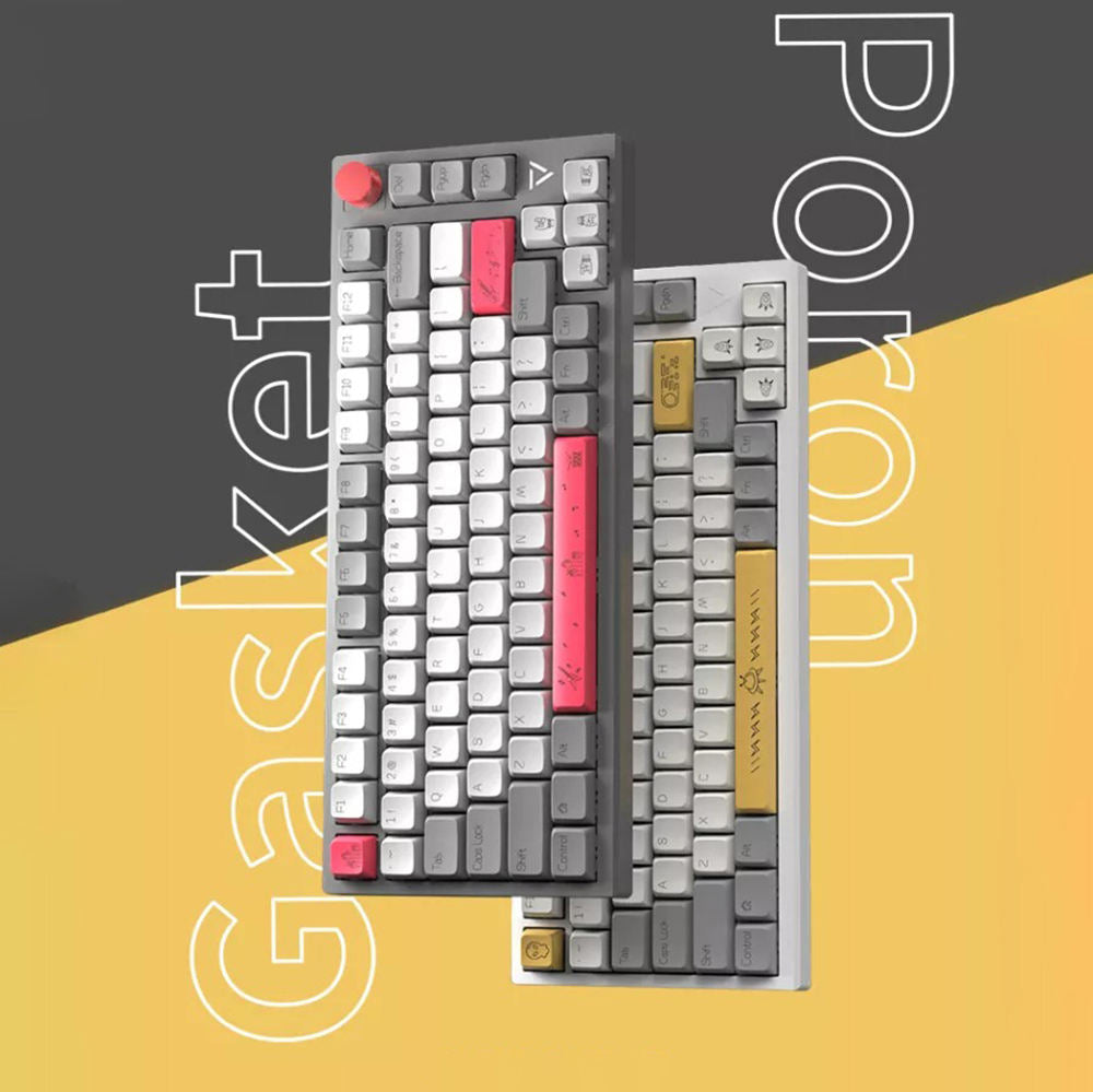 Two Ajazz AK816 Pro mechanical keyboards stacked on top of each other. The keyboards feature different color schemes and are labeled "Poron" and "Gasket."