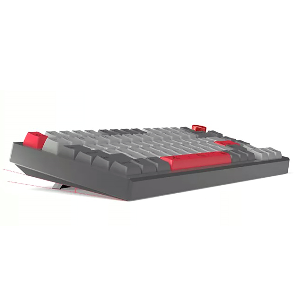 A side view of the Ajazz AK816 Pro mechanical keyboard, showcasing its compact size, adjustable tilt, and red and black color scheme.