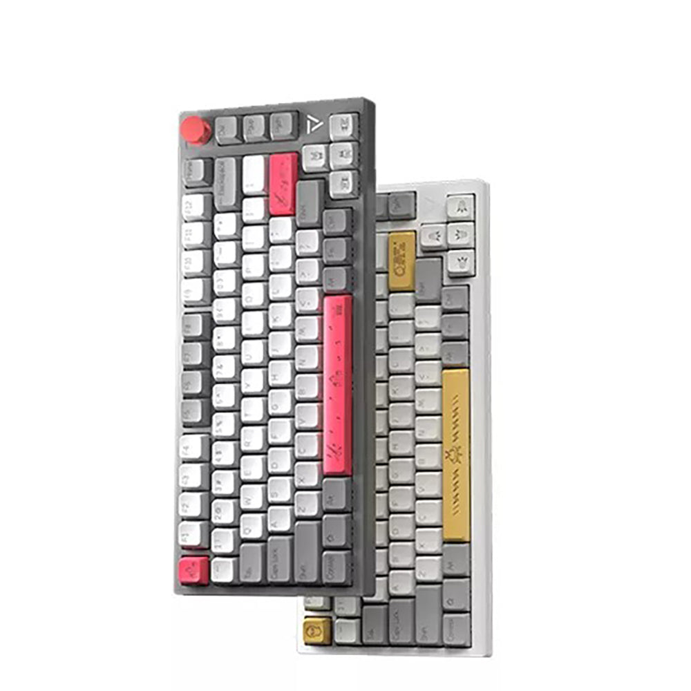 A side-by-side comparison of two Ajazz AK816 Pro mechanical keyboards in black and white. The keyboards feature different keycap sets and accents.