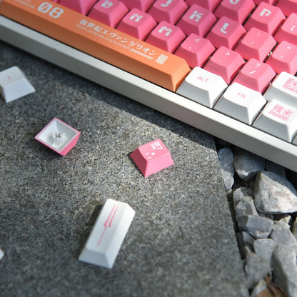 A high-quality mechanical keyboard with custom keycaps inspired by Evangelion Unit 08.