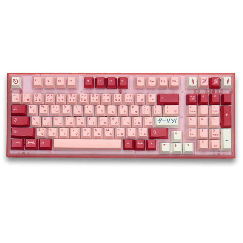 A top-down view of a mechanical keyboard with pink and red keycaps. The keycaps feature a celestial theme and are compatible with various keyboard layouts.