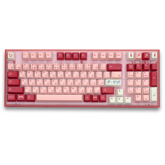 A top-down view of a mechanical keyboard with pink and red keycaps. The keycaps feature a celestial theme and are compatible with various keyboard layouts.