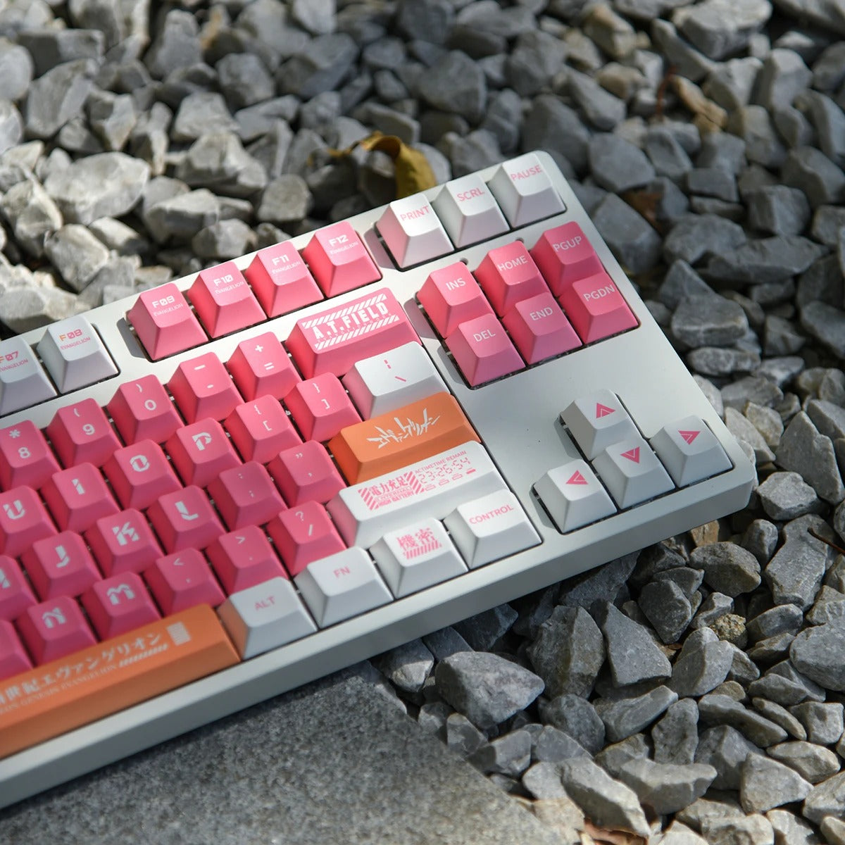 A mechanical keyboard with pink and white keycaps featuring the Evangelion Unit 08 logo and other anime-inspired designs.