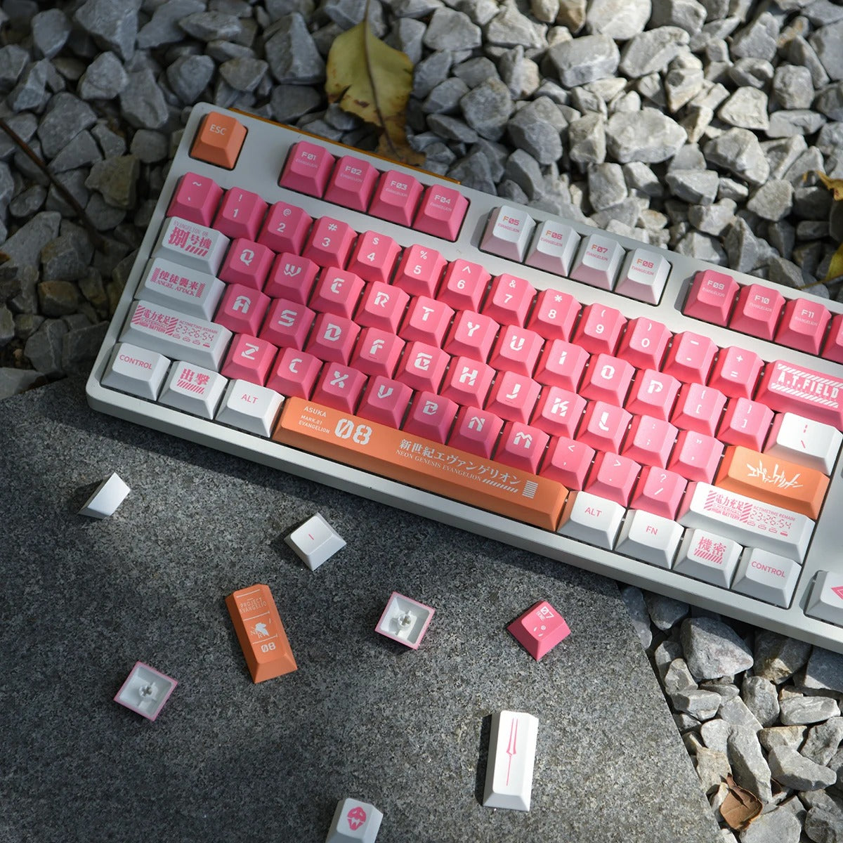 A close-up image of the Eva-08 Keycap Set, showcasing the unique design and color scheme.